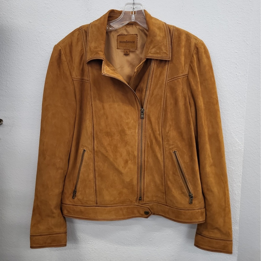 Sundance Moto Style Suede Leather Jacket, Brown, Size Large